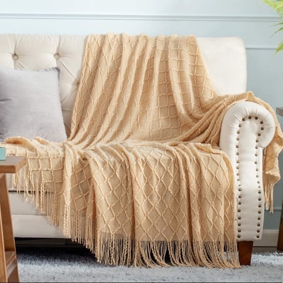 Orange/Coral Bohemian Tassel Knit Throw Cozy Fringe Patterned Farmhouse Blanket - Picture 10 of 16